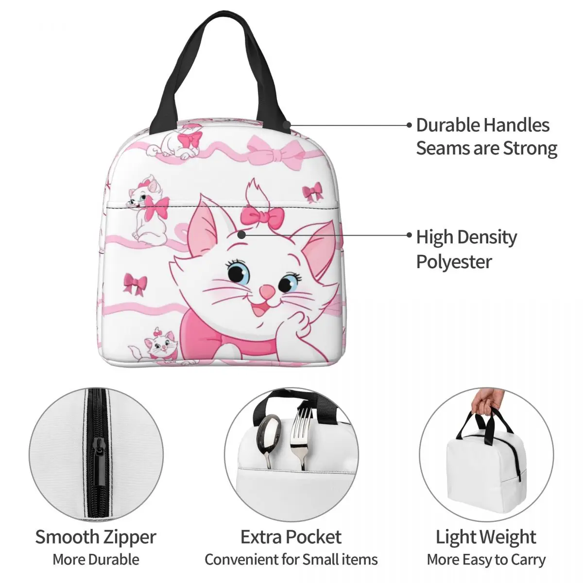 Funny Marie Cat The Aristocats Lunch Bag Portable Zipper Lunch Box School Graphic Cooler Bag Kawaii Waterproof Tote Food Bags