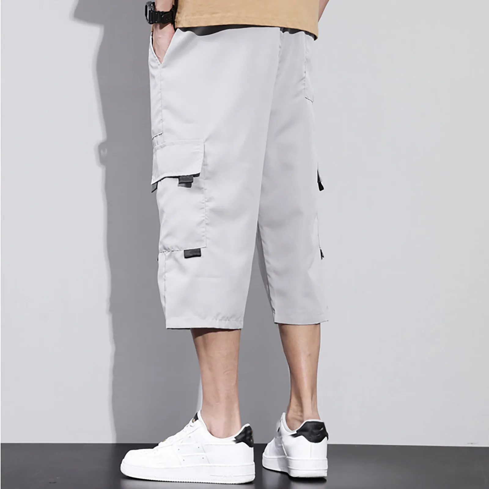 Multi Pocket Drawstring Straight Cargo Pants Men Solid Color Letter Printed Three Quarter Shorts Loose Casual Outdoor Shorts