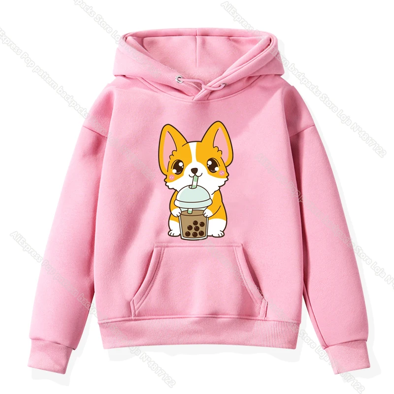 Dzieci śliczne Corgi Panda kot napoje herbata mleczna bluzy dzieci maluch dziecko Kawaii Cartoon bluzy Anime Harajuku dziewczyna topy