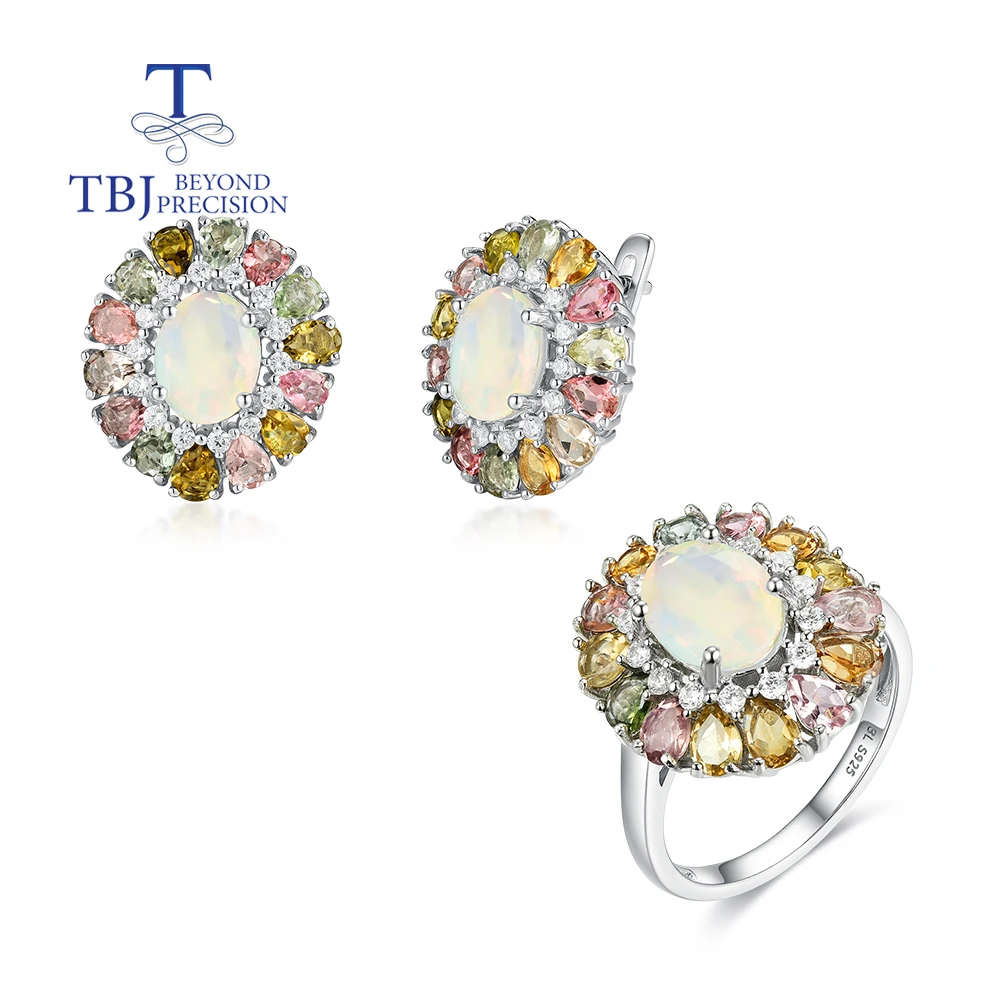 

Light Luxury Multi-colored natural Opal Tourmaline Gorgeous Gemstone Ring Earring Set for Women's Anniversary Party S925 silver