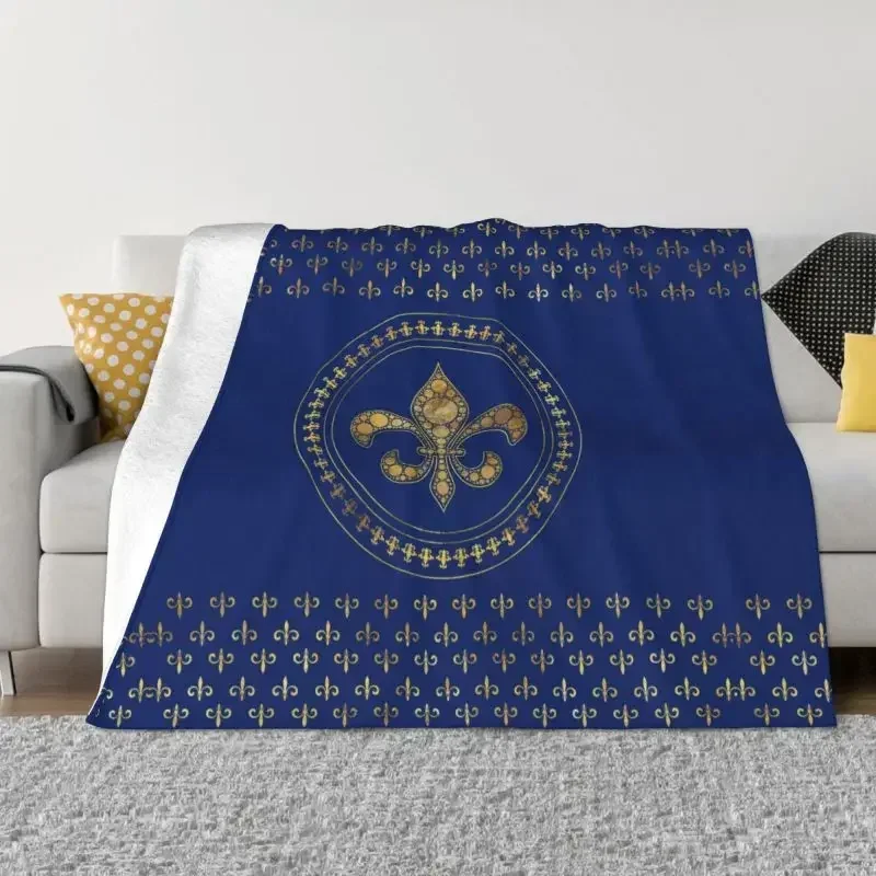 

Fleur De Lys Gold Royal Blue Throw Blanket Soft Flannel Couch Travel Bedding Lily Flower Design