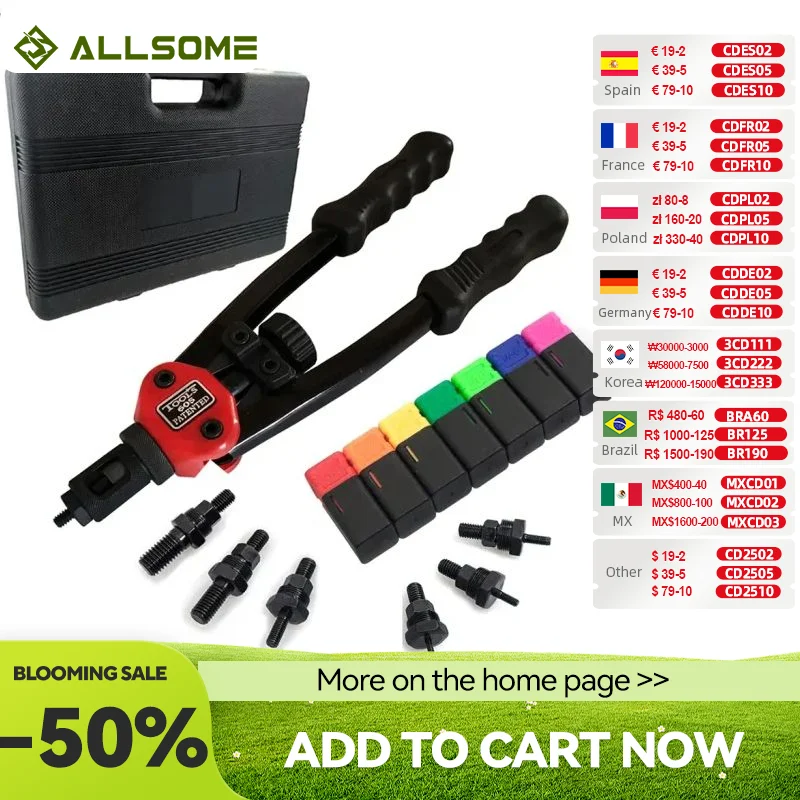Allsome BT-605 Riveter Hạt Súng Tự Động Đinh Tán Dụng Cụ 12 "Riveter Hạt Dụng Cụ Tay Lắp Đinh Tán Hạt Dụng Cụ Thủ Công Mandrels m3 M4 M5 M6 M8