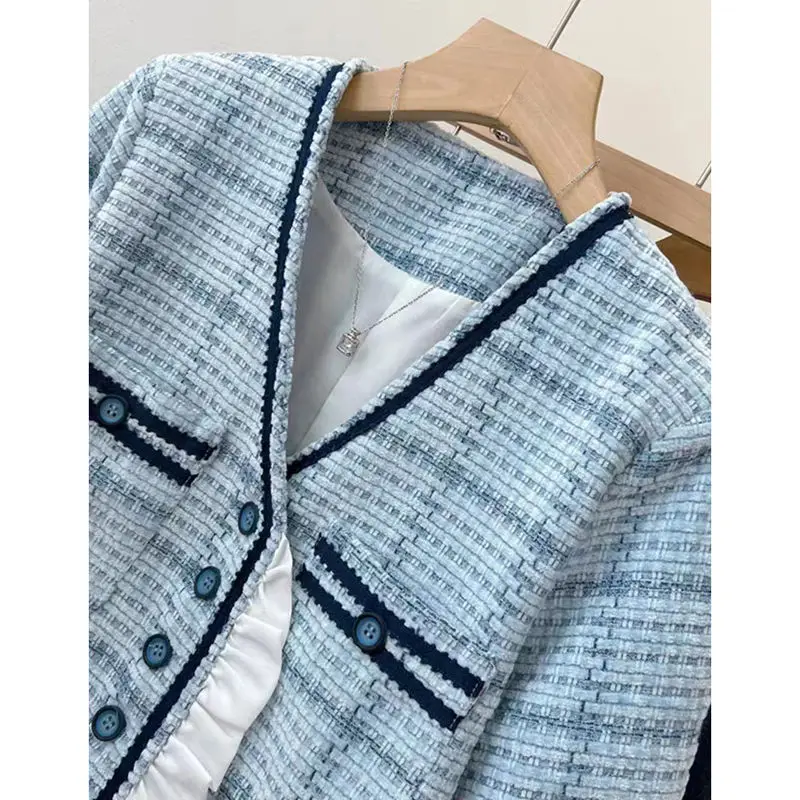 Vintage V-neck Tweed Jacket Autumn Winter Sky Blue Short Coat Lace Ruffles V-neck Outerwear Sweet Girls Fashion Lady Korean 2023