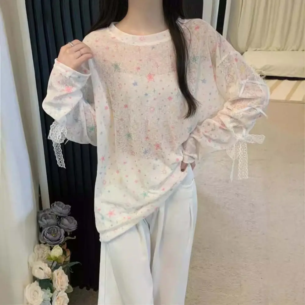 

Comfortable Transparent Long Sleeve T-shirt Bowknot Round Neck Star Dot Pullover Sunscreen All-match Lace Cover Up Tops Spring