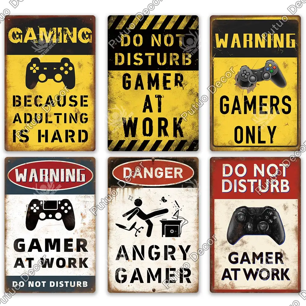 Putuo Decor Funny Gamer Metal Signs Vintage Tin Sign Gamer At Work Retro Signs for Home House Club Game Room Man Cave Wall Decor