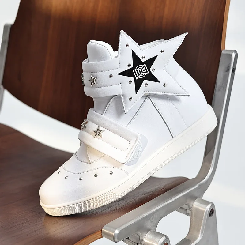 Y2K Unisex High Top Hidden Heel Sneakers Large Star Patch Rivet Platform Trainers Gothic Punk Height Increase Casual Men Shoes