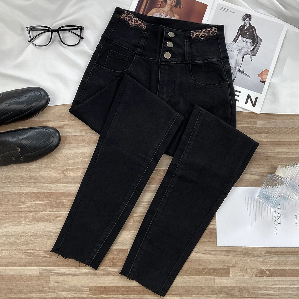 Trendy Black Slim Pencil Pants Women Fashion High Waist Three Row Button Skinny Denim Pants Leopard Print Patchwork Jeans