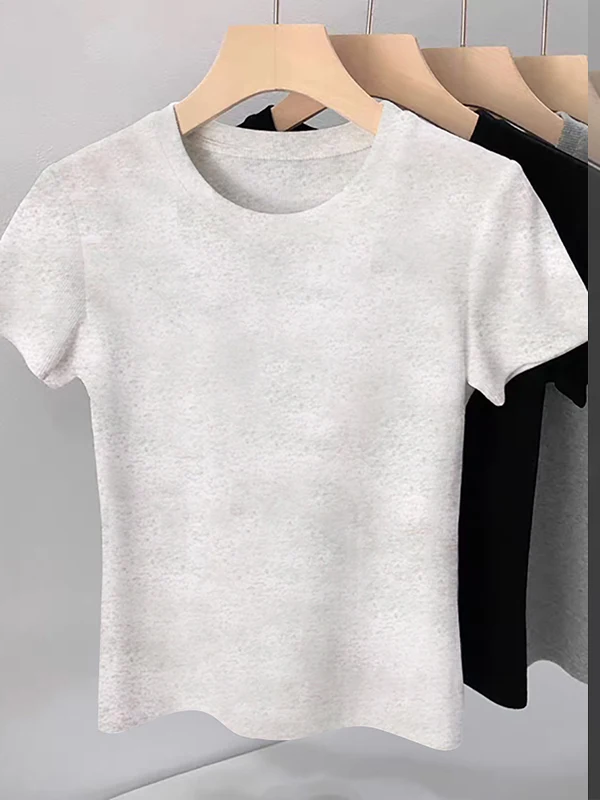 패셔너블한 여성용 캐주얼 슬리 여름 상의 한국 버전 슬림 핏 면 폴리에스터 혼방 라운드 넥