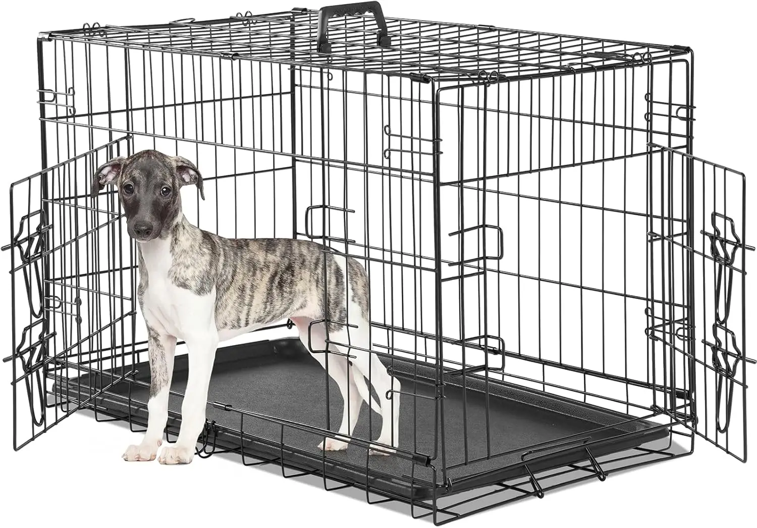 30 Inch Double Door Folding Metal Wire Dog Cage with Plastic Leak-Proof Pan Tray, Pet Kennel for Indoor, Outdoor, Travel