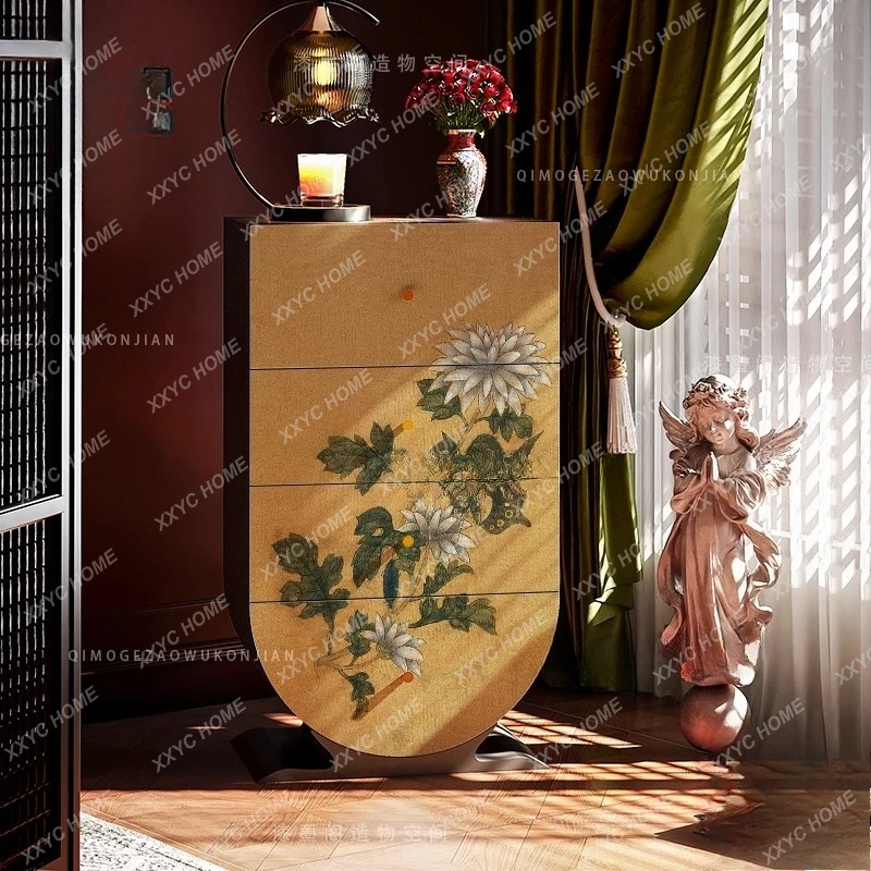 Chinese Style Gold Lacquer Plant Four-Drawer Cabinet Entrance Decoration Storage Living Room Organizer Cabinet