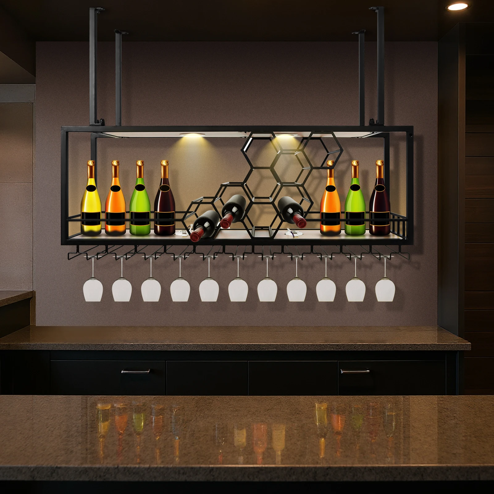 Floating Wall Wine Bracket Large Capacity Metal Liquor Hanging Shelf Coffee Bar Display Rack for Home Bar Dining Room Decorative