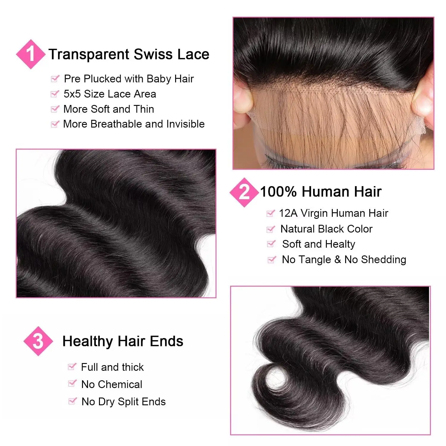 الجسم موجة حزم الشعر البشري مع 5 × 5 HD الدانتيل إغلاق حزم 100% وصلات شعر بشري البرازيلي نسج الشعر الخام اللون الطبيعي