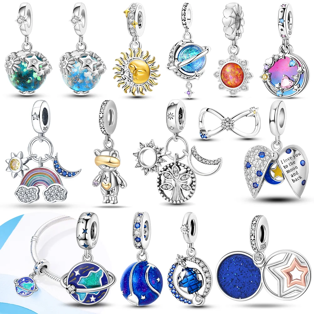 Original Sun Blue Earth Heart Stars Crystal Ball Bead Fit Bracelet Charms 925 Sterling Silver Women Jewelry Making Diy Fine Gift