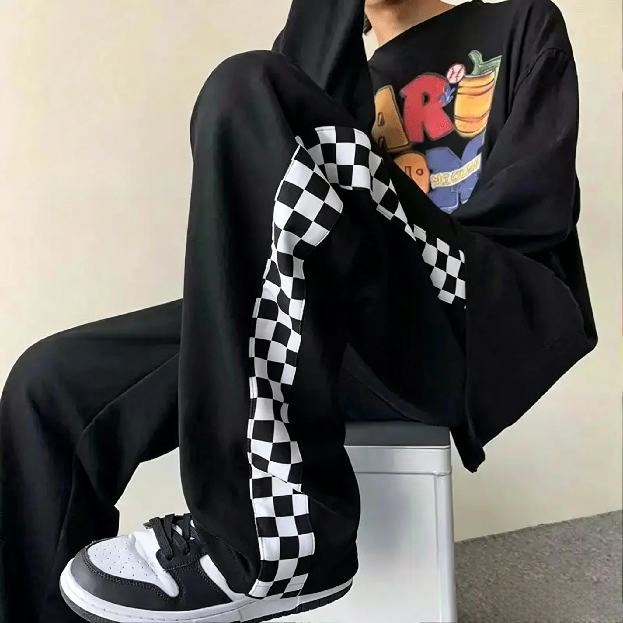 Men Women Unisex Quick Dry Checkerboard Long Pants Loose Straight‑Leg Casual Trousers Outdoor Hip‑hop Streetwear Sweatpants