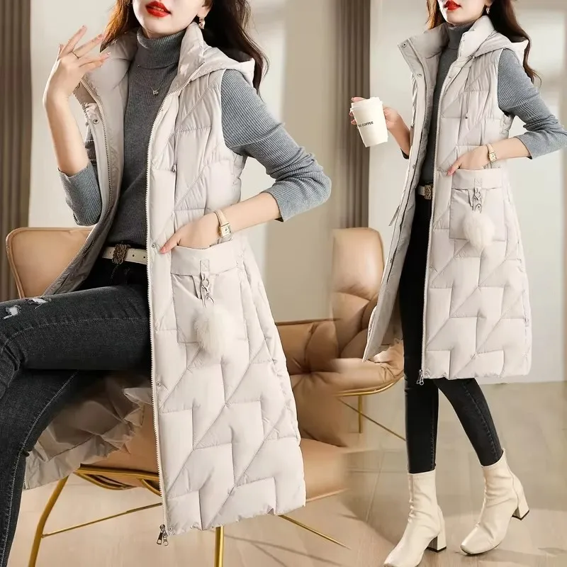2024 New Women Winter Long Down Cotton Vest Jacket Sleeveless Hooded High-Quality Thick Warm Parkas Female Waistcoat Outwear