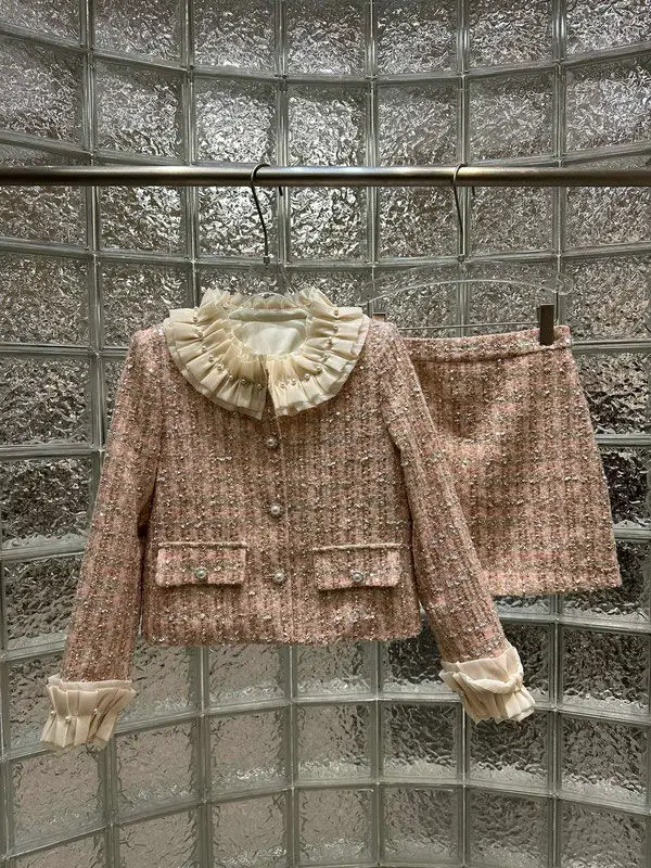 Rich Lady Style Elegant Two-Piece Tweed Set for Women Feamle: Autumn and Winter New Fashionable Coat and Skirt High Quality