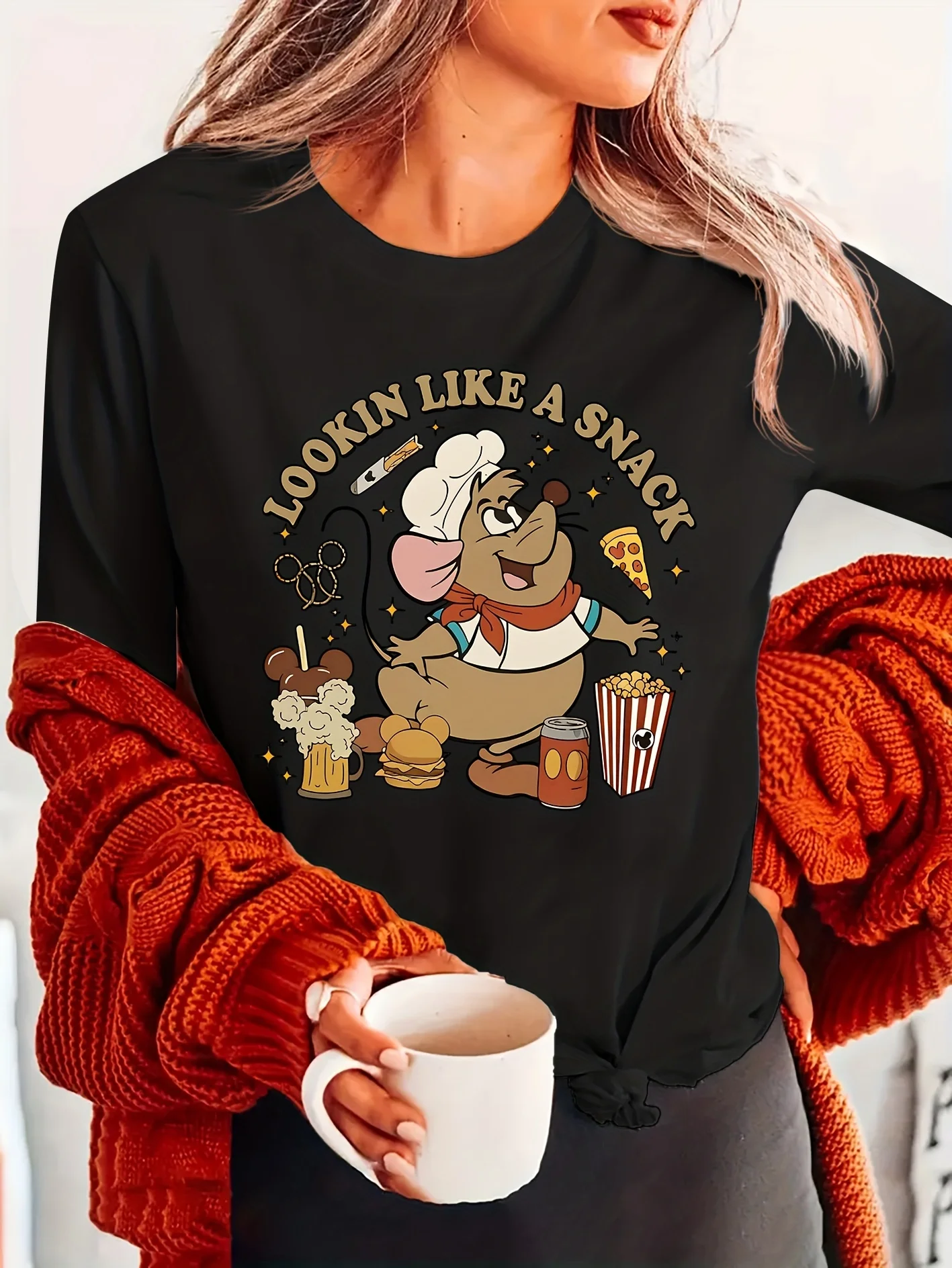 Disney elegante ratón "Gourmet" de manga larga Remy con gorro de chef, cerveza, hamburguesa, palomitas de maíz, pizza