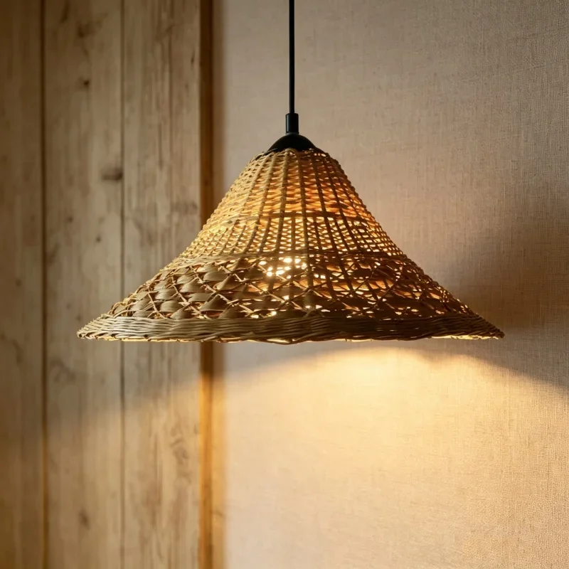 Natural Wicker Rattan Lampshade Creative Bamboo Woven Hanging Ceiling Light for Teahouse Homestay Bedroom Ambient Decoration