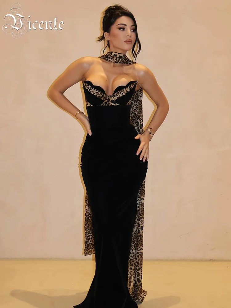 

VC Sexy Leopard-Accent Black Strapless Sleeveless Long Dress for Parties Galas Fashion Gown