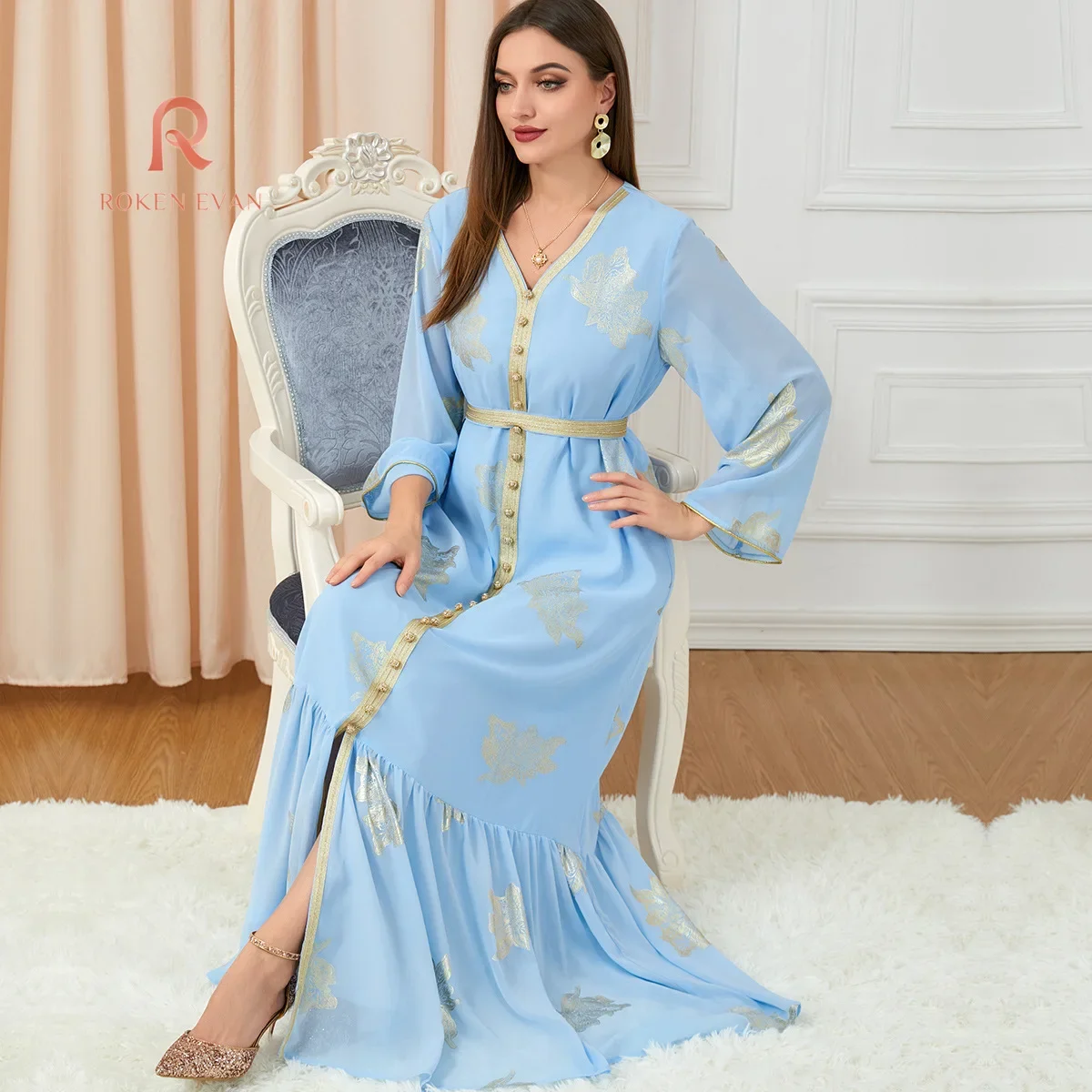 ROKEN EVAN 2024 Jalabiya kaftan dubai turkey golden ribbon trim loose muslim arabic islamic clothing party robe moroccan dress