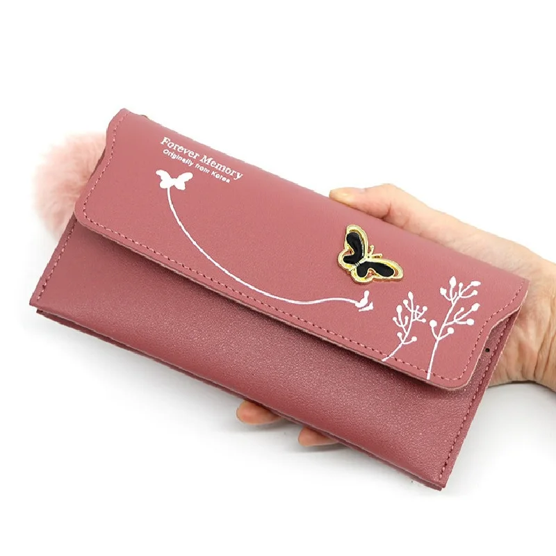 Women\'s PU Leather Long Wallets Luxury Brand Female Card Holder Wallet with Coin Purse Ladies Wool Ball Butterfly Clutch Bag