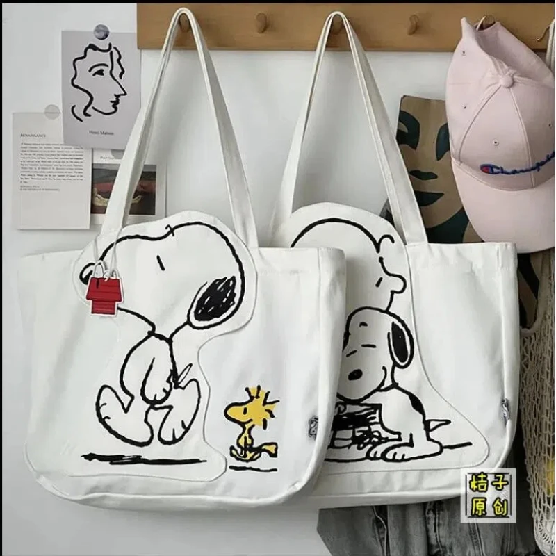 Miniso Snoopy anime kawaii y2k canvas bag shoulder cartoon cute zipper large capacity female student tutoring bag birthday gift