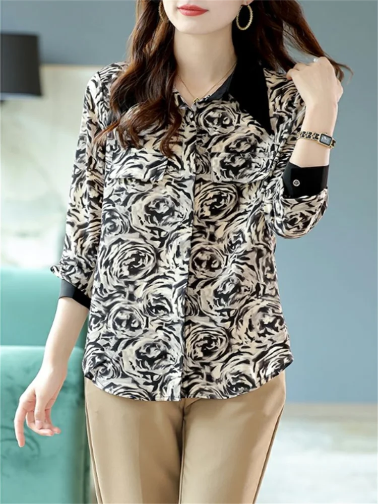 Blusas de verão camisa feminina nova ol impresso retro camisa manga longa chiffon camisa blouose topo solto casual roupas femininas blus