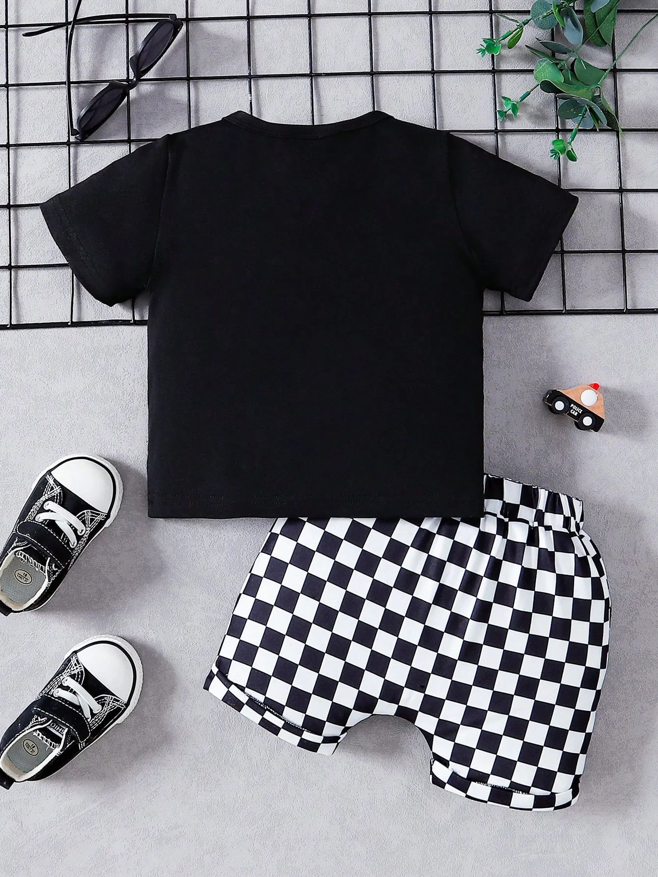 Summer Baby Boys 9-12M Black T-Shirt With Checkerboard Pocket & Checkerboard Harem Shorts 2Pcs Set Casual Daily Wear Kids Outfit