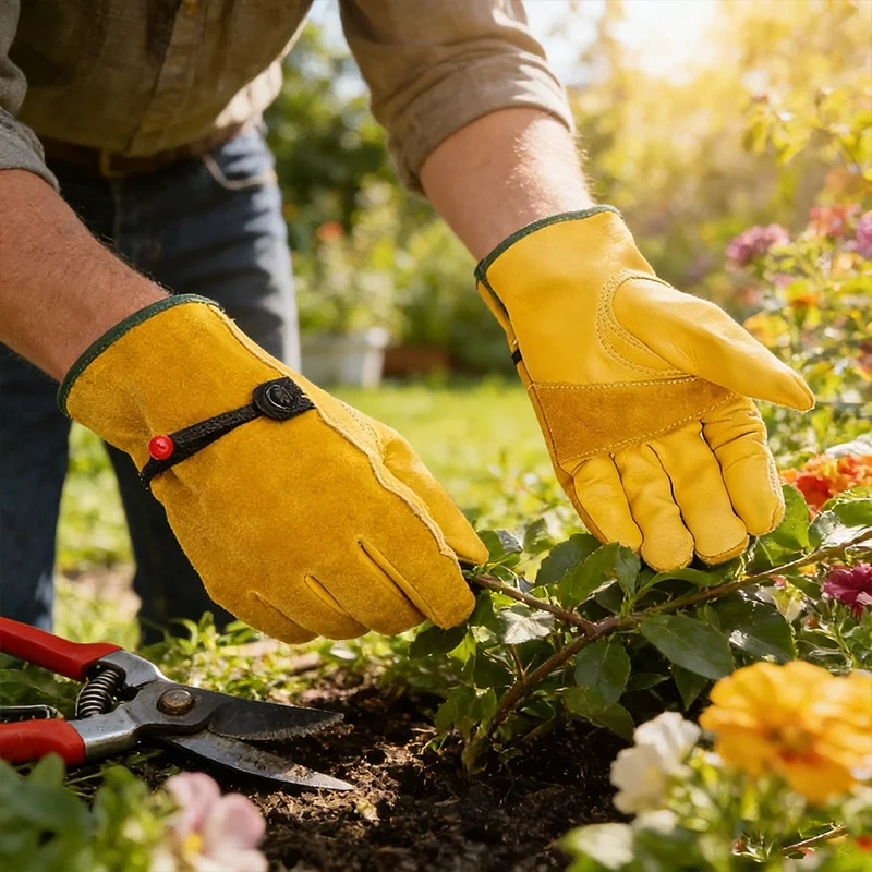 Security Protection Gloves Cowhide Leather Gardening Gloves With Reinforced Palm Stretchable Wrist Tough Working Glove For Wood