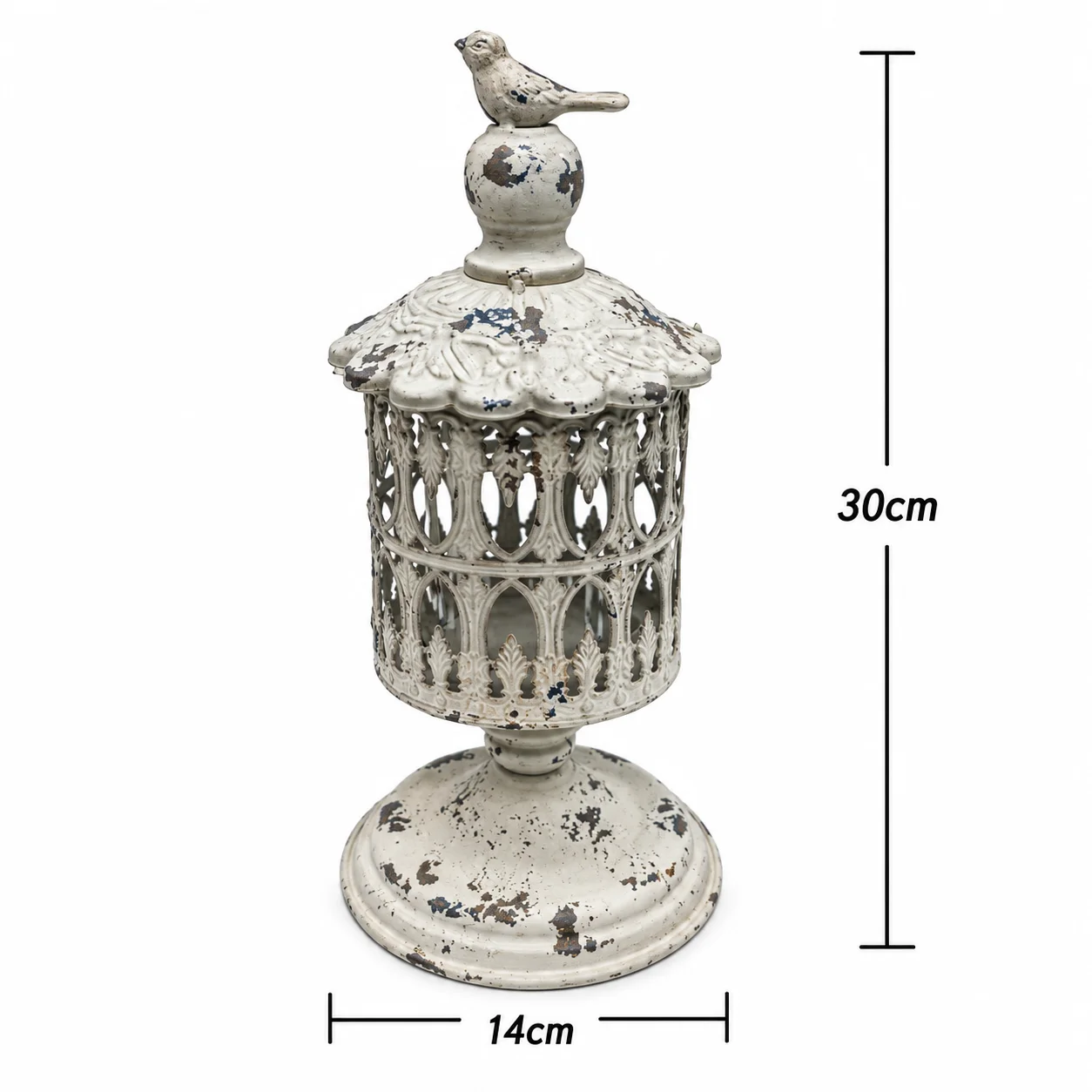 Decorative Metal Candle Holder with Bird Finial, Distressed White Finish, Openwork Design Lantern, 30cm Height, Vintage Style