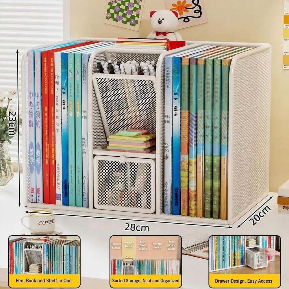 Metal Desk Book Rack Multi-Compartment Mesh Structure Desk Stationery Organizer with Pen Holder and Pull-Out Drawers