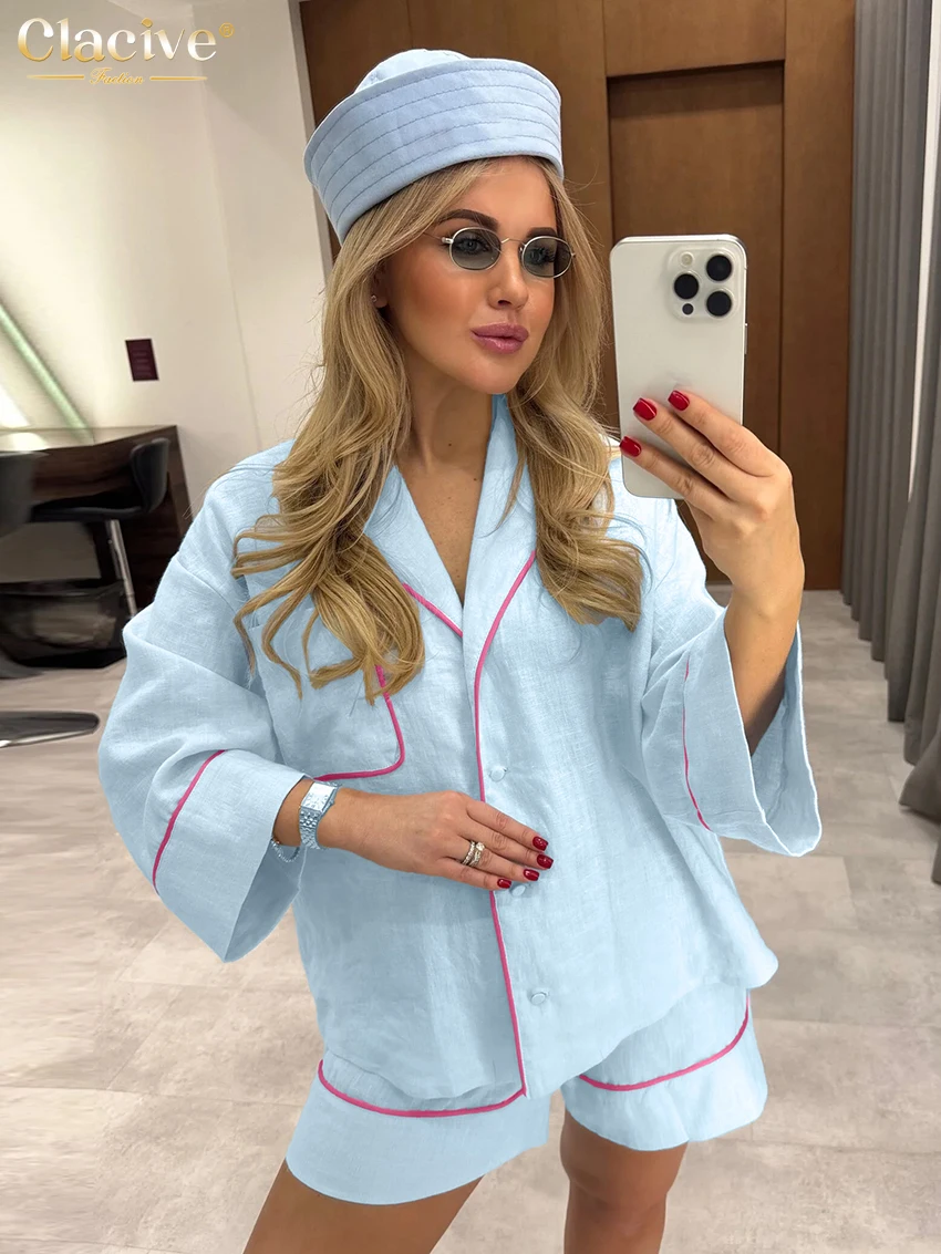 Clacive Fashion Loose Blue Cotton Home Women's Two Pieces Set 2025 Elegant Long Sleeve Shirt With High Waist Shorts Set Female