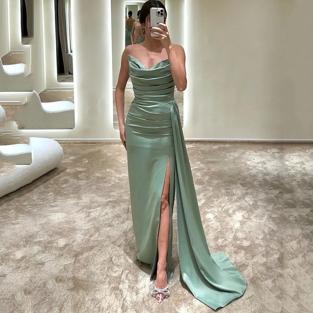 

Formal Party Dress Sweetheart Neck Satin Backless Sleeveless Evening Sheath High Slit Solid Color Prom Gown Robe De Soiree