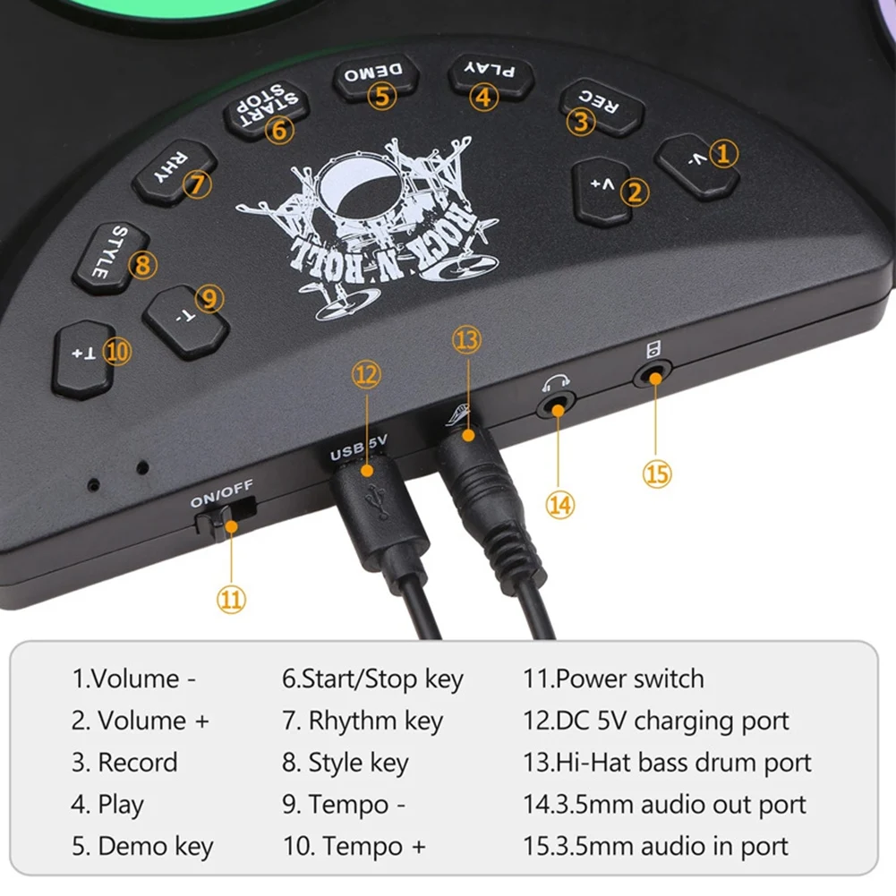 AED2-Electric Drum Set, 9 Pads Silicon Foldable Electronic Drum With Headphone Jack,Build In Speaker ,Foot Pedals,Drum Sticks