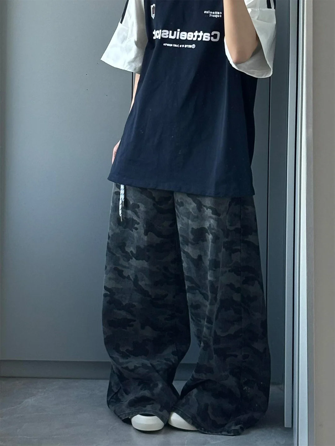 

High Waist Wide Leg Camouflage Washed out Jeans Women's Summer New Style Slimming Vintage American Style Denim Pants