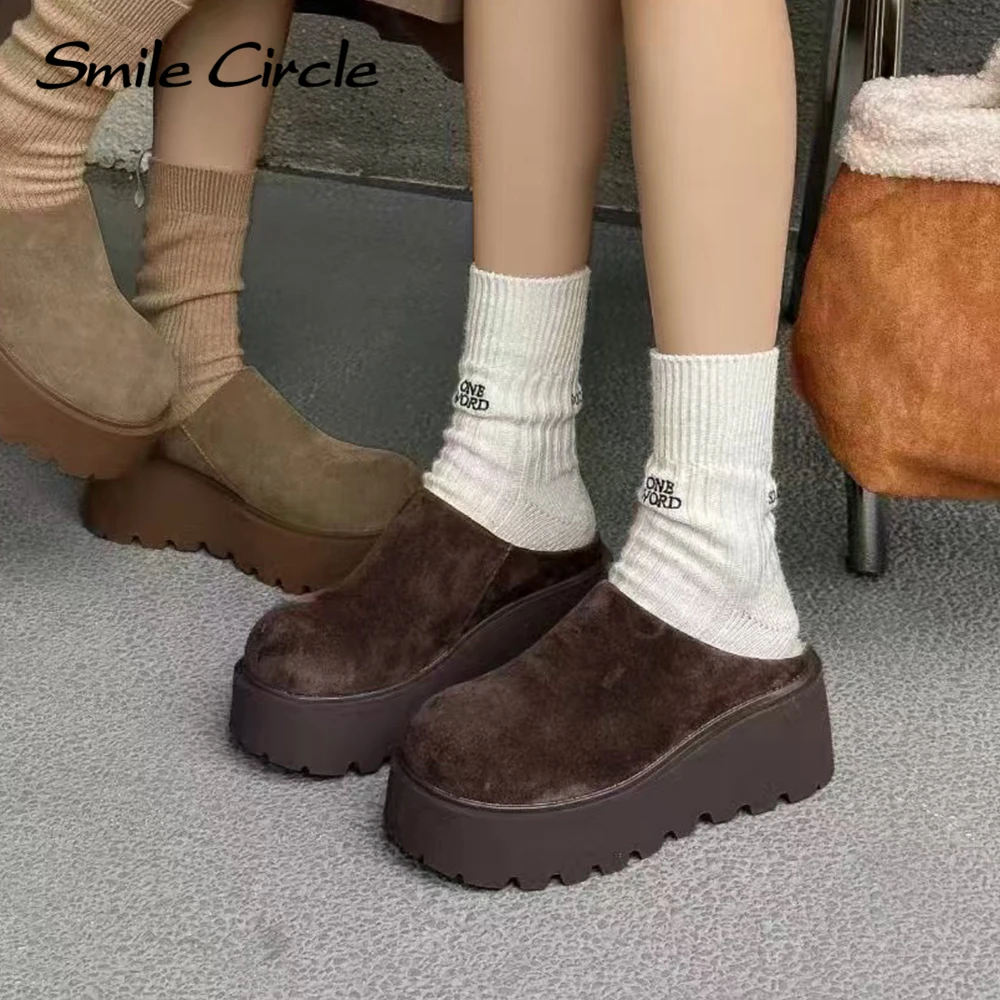 Smile Circle Women Chunky Slippers Winter Suede leather Round-toe Fashion Fur Warm Casual Shoes