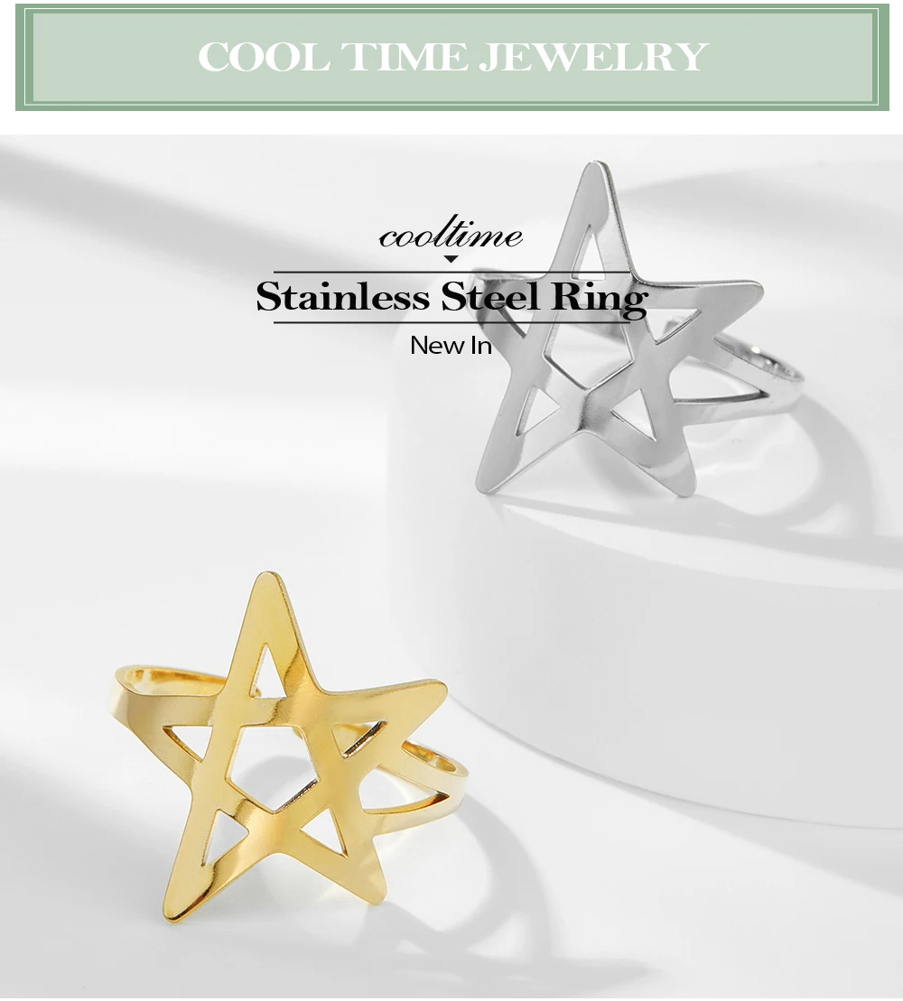 COOLTIME Hohle Pentagramm Verstellbare Ringe für Frauen Edelstahl Trend Stern Mond Ringe Schmuck Geschenk – Detail 1