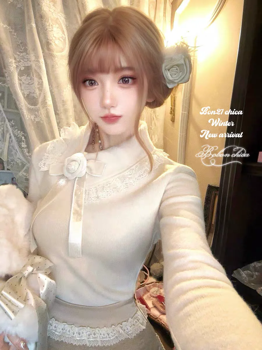 

Princess sweet lolita shirt bobon21 Lace bow half collar knitted base shirt T2439