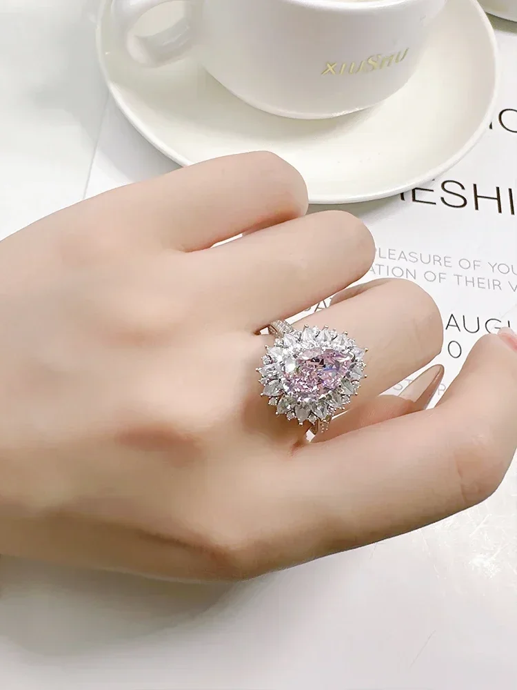 Light Luxury Sweet Pink Diamond Droplets 925 Silver Temperament Ring Set with High Carbon Diamond Wedding Jewelry
