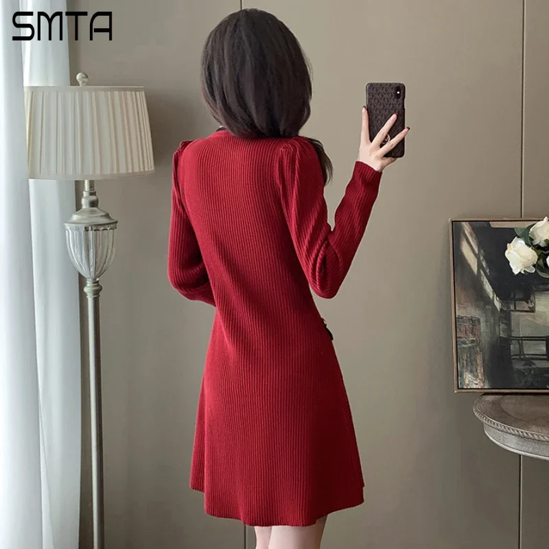 Vintage Bow O-neck Botton Knitted Sweater Mini Dress for Women Clothing Elegant Red Christmas Korean Bodycon Dress Winter Robe