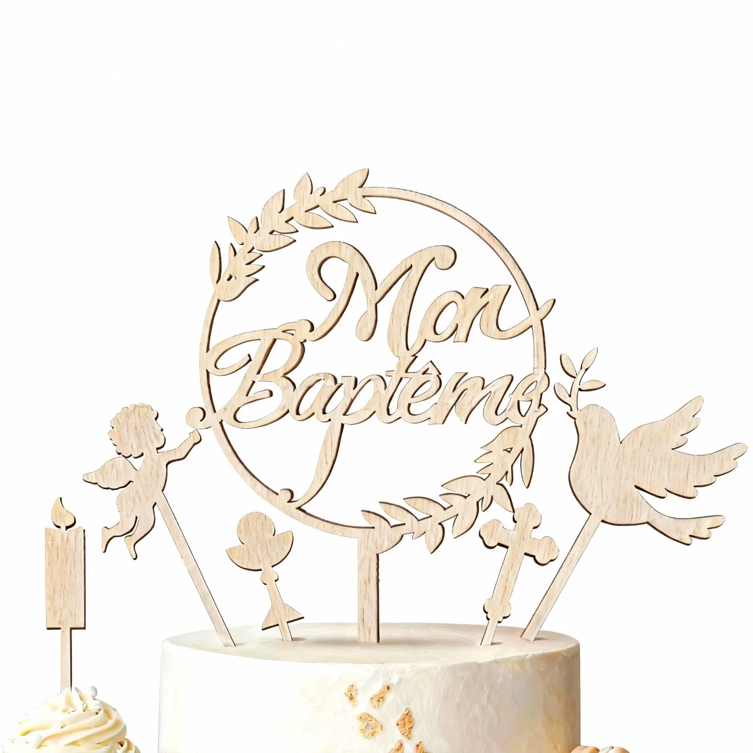6-teiliges Tauf-Kuchenaufsatz-Set aus Holz – Engelskerze, Taubendekoration für Taufe, Babyparty, erste Geburtstagsfeier – Detail 4