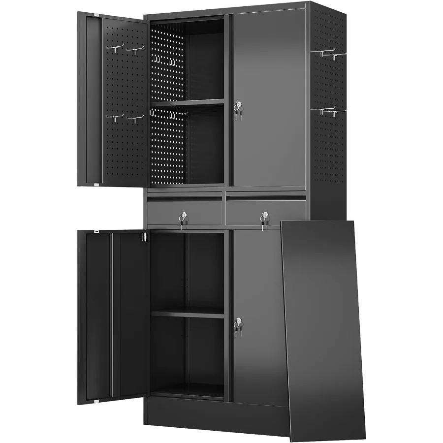 Metal Garage Storage Cabinet with Pegboards and HooksMetalTool Storage Cabinet with 2 Drawer and 2 Adjustable Shelves for Garag