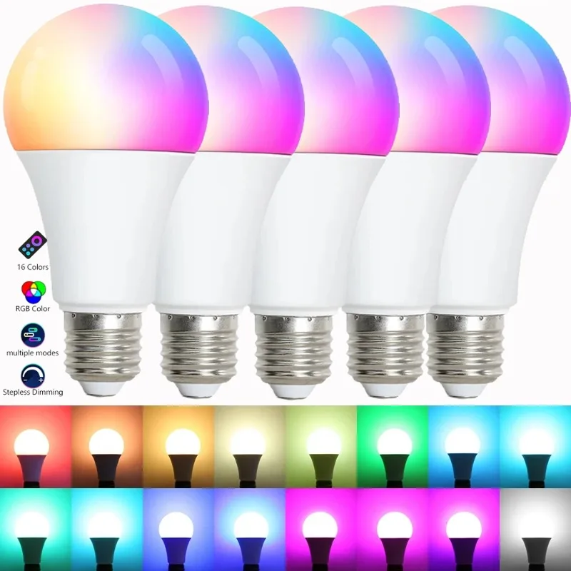 

16 Colors RGB Bulb LED E27 220V Remote Control Smart Lamps Multicolor Bulbs Household Decoration Dimmable Atmosphere Light Tube