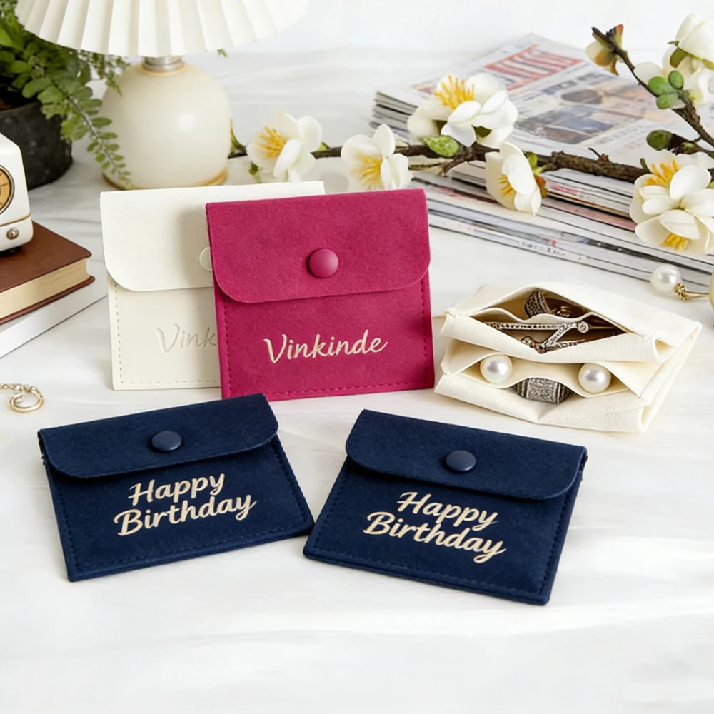 

50/100Pcs Custom Logo 6x6cm Jewelry Bag With Divider Beige Microifber Snap Bags Bracelet Ring Earring Brooch Pearl Organizer