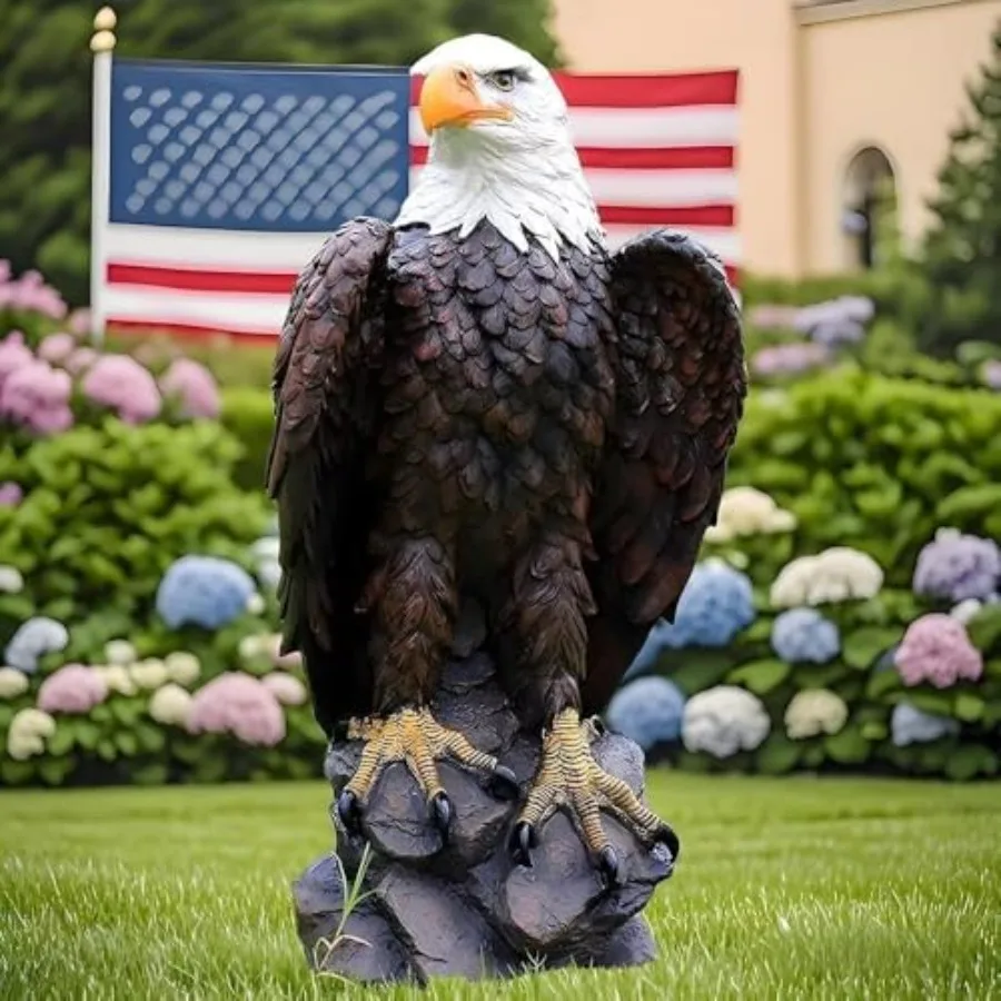 24.4 Garden Statue, Hand-Painted Eagle Sculpture in Bronze Finish, Indoor Outdoor Lawn Decor with Weather-Resistant Resin Mater