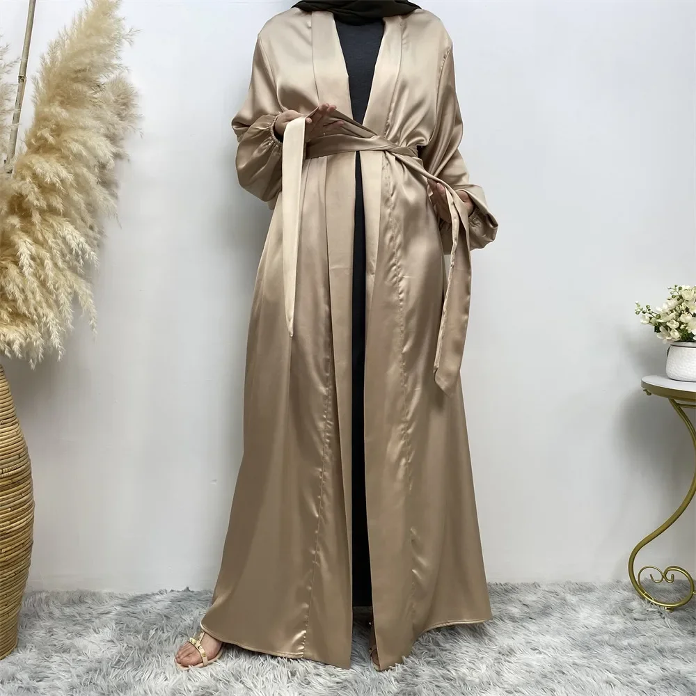 Abaya ouvert modeste turquie caftan Robe en Satin vêtements islamiques Ramadan Eid Kimono musulman Cardigan Robe arabe ceinturée Abayas Kebaya