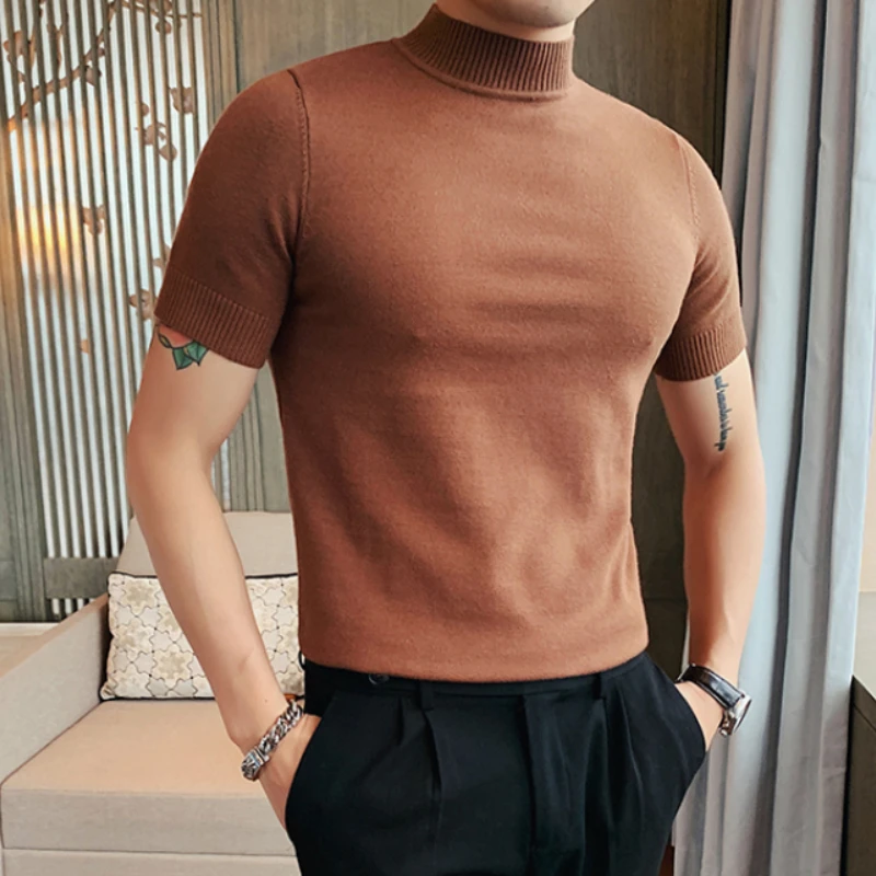 Autumn New Short Sleeve Knitted Sweater Men Clothing 2022 All Match Slim Fit Stretched Turtleneck Casual Pull Homme Pullovers