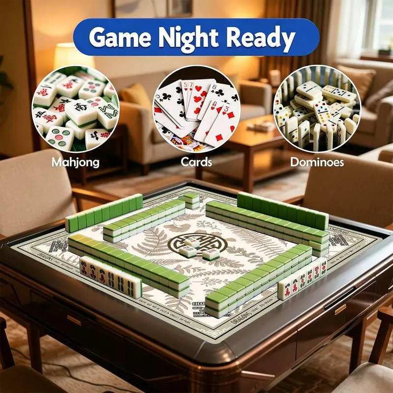 VIKAMA Vintage Fern Leaf Chinese Symbol American Mahjong Mat Charleston Marked Non Slip Silent Foldable Waterproof Game Pad
