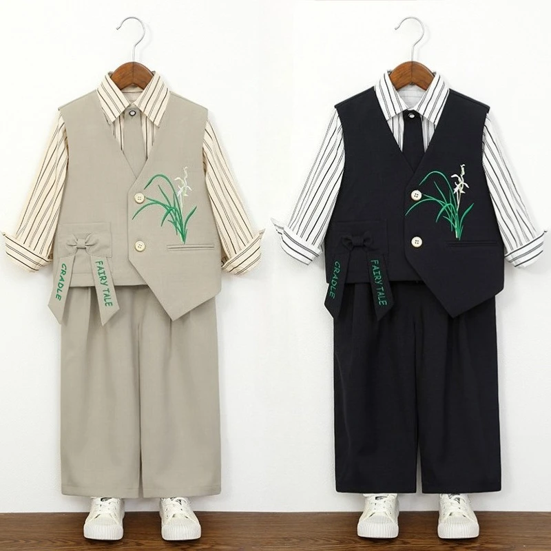 Boys Orchid Embroidery Vest Suit Striped Shirt Wide Leg Pants National Style Kids Wedding Birthday Photograph Outfit for 2-12Y