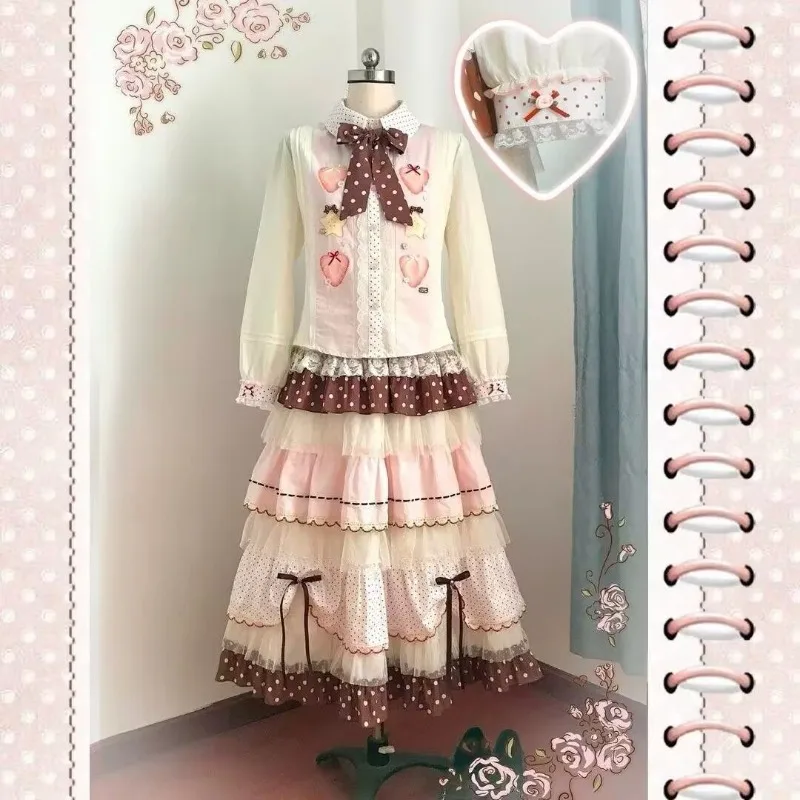 

Japanese Style Kawaii A-line Women's Skirts Vintage Japanese Style Pink Brown Polka Dot Cake Design Skirt Casual Clothing Summer